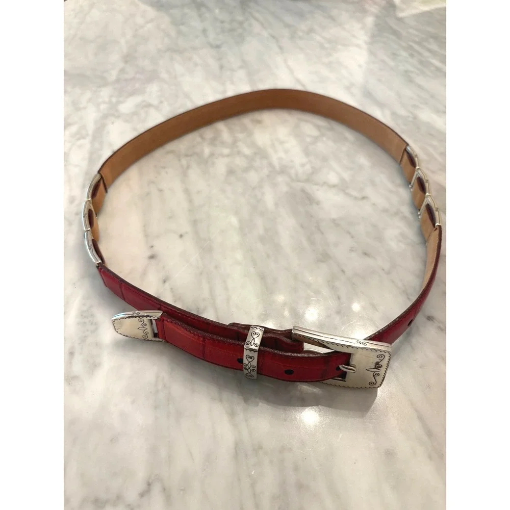 Brighton Red Croc Embossed Leather Belt Silver Scroll Link Hardware 41
